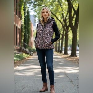 Patagonia Brown Paisley Hooded Down Puffer Vest Zip Up Women’s Size Medium